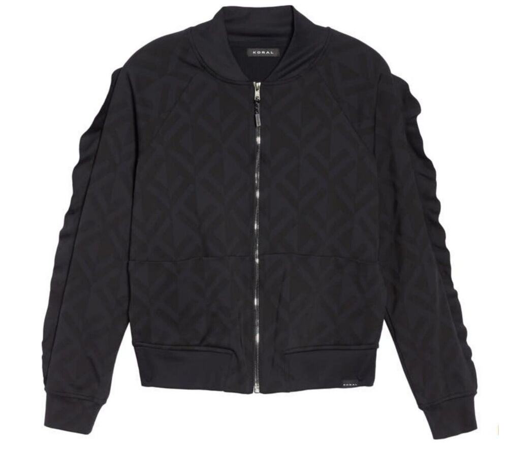 KORAL Glance Jacquard Bomber Jacket Black Geo Full Zip Long Sleeves Ruffle M Med